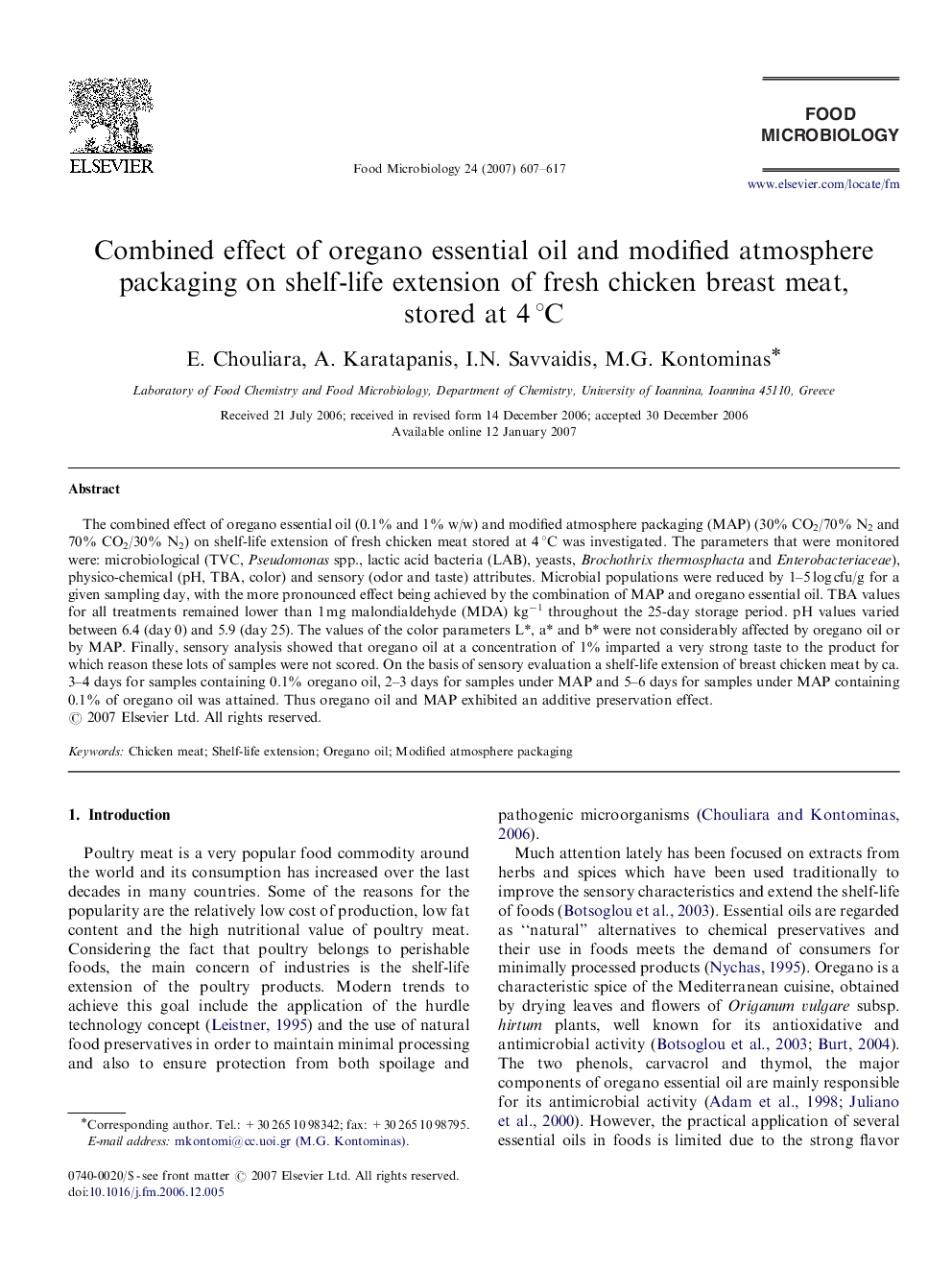 Combined effect of oregano essential oil and modified atmosphere packaging on shelf-life extension of fresh chicken breast meat, stored at 4 °C