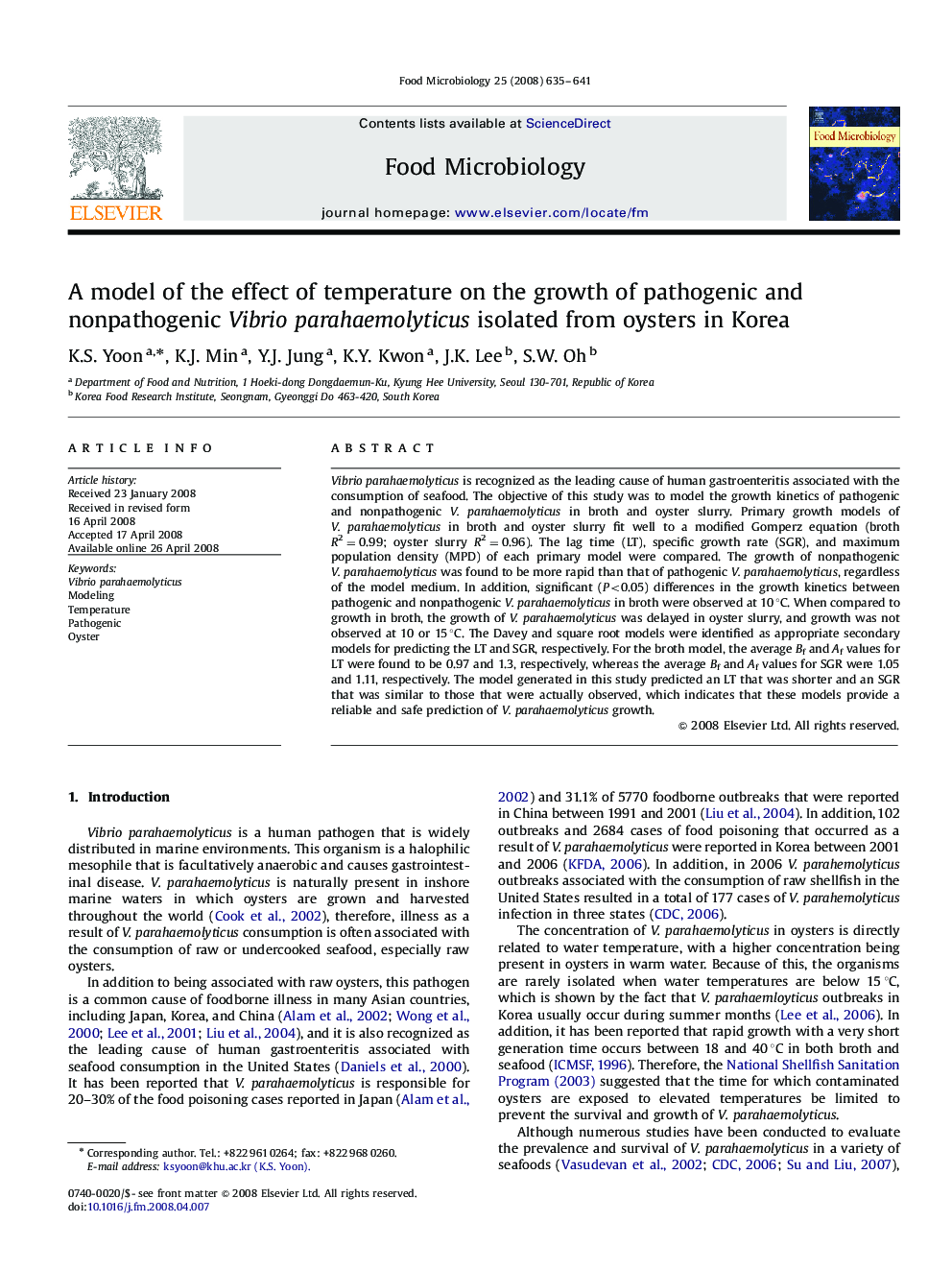 A model of the effect of temperature on the growth of pathogenic and nonpathogenic Vibrio parahaemolyticus isolated from oysters in Korea