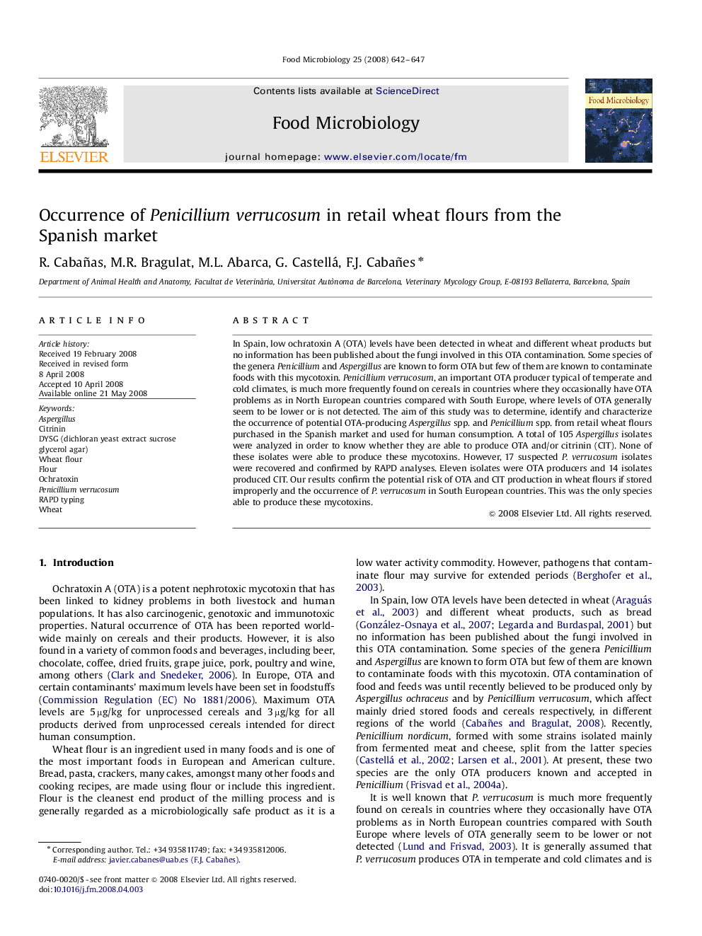 Occurrence of Penicillium verrucosum in retail wheat flours from the Spanish market