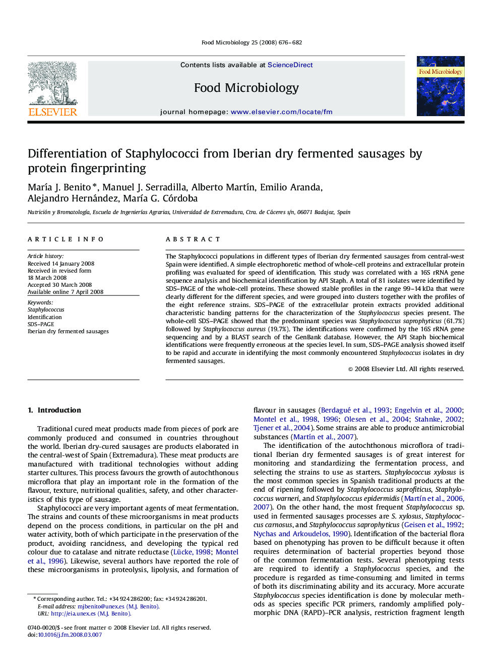 Differentiation of Staphylococci from Iberian dry fermented sausages by protein fingerprinting