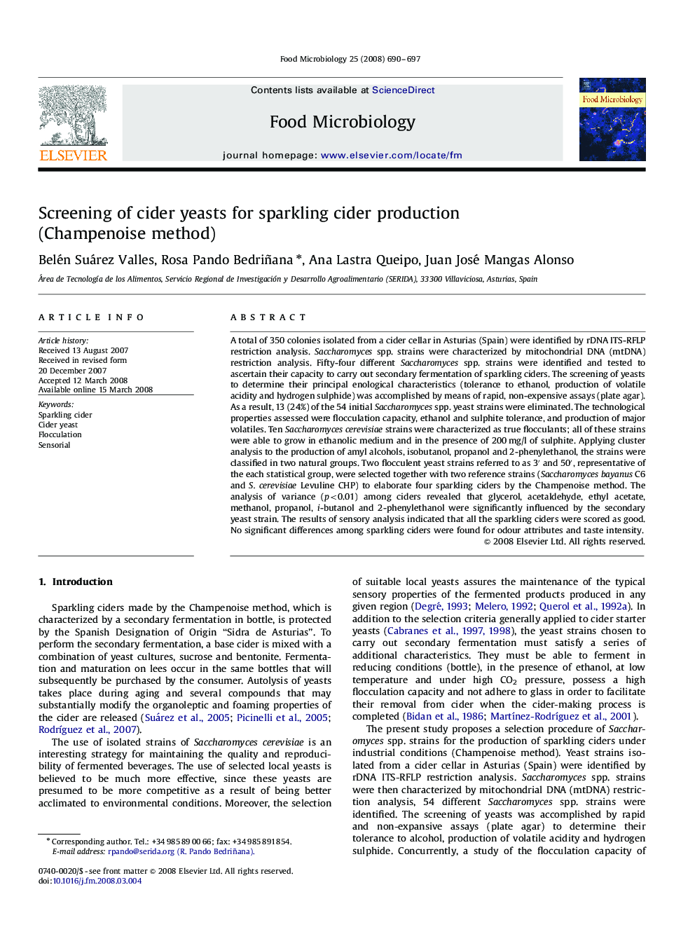 Screening of cider yeasts for sparkling cider production (Champenoise method)