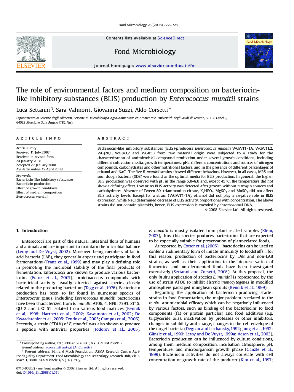 The role of environmental factors and medium composition on bacteriocin-like inhibitory substances (BLIS) production by Enterococcus mundtii strains