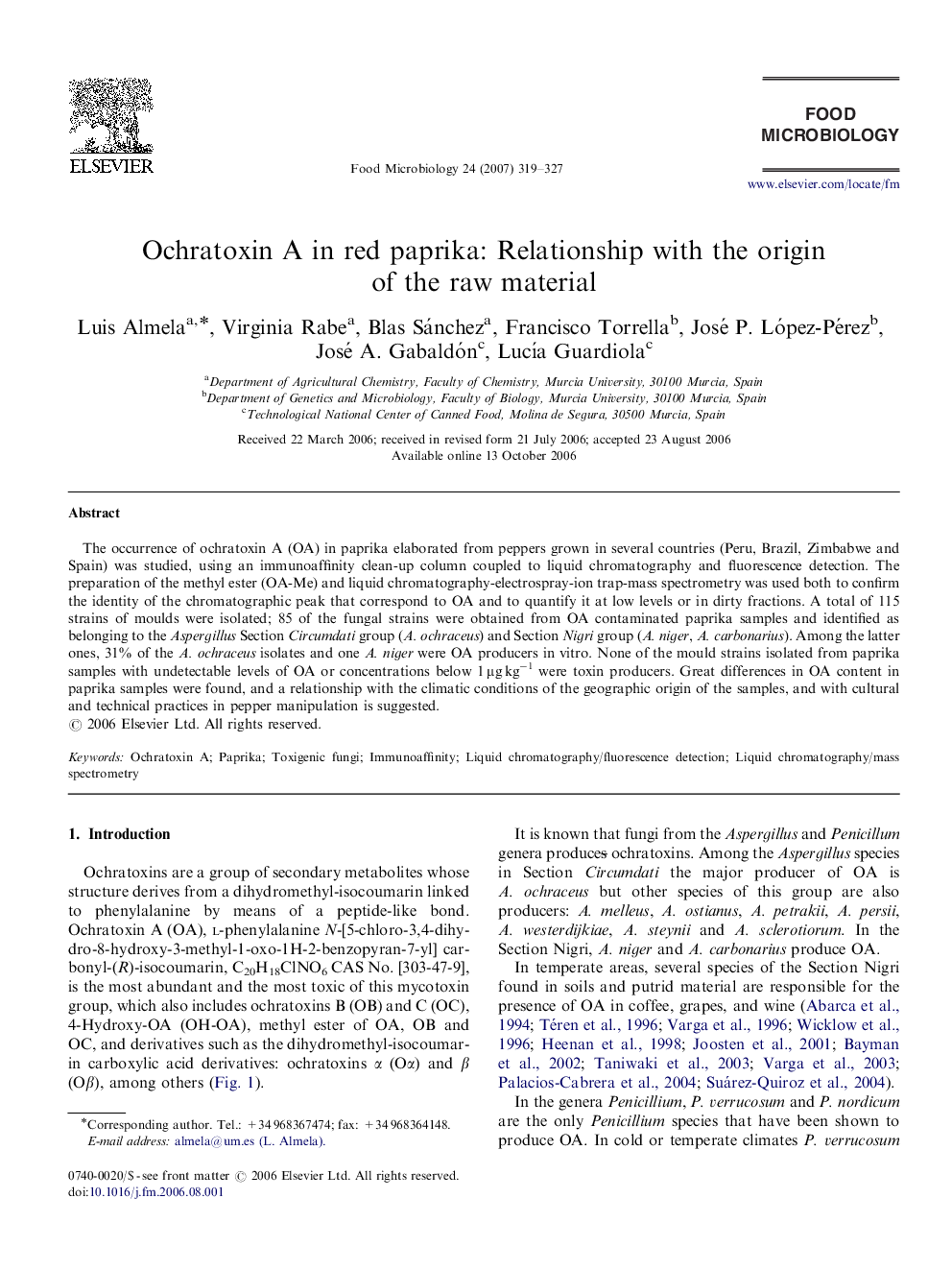 Ochratoxin A in red paprika: Relationship with the origin of the raw material