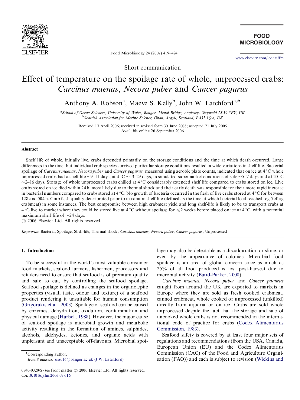 Effect of temperature on the spoilage rate of whole, unprocessed crabs: Carcinus maenas, Necora puber and Cancer pagurus