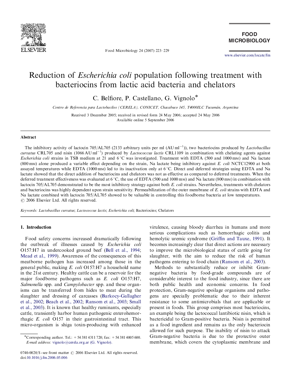 Reduction of Escherichia coli population following treatment with bacteriocins from lactic acid bacteria and chelators