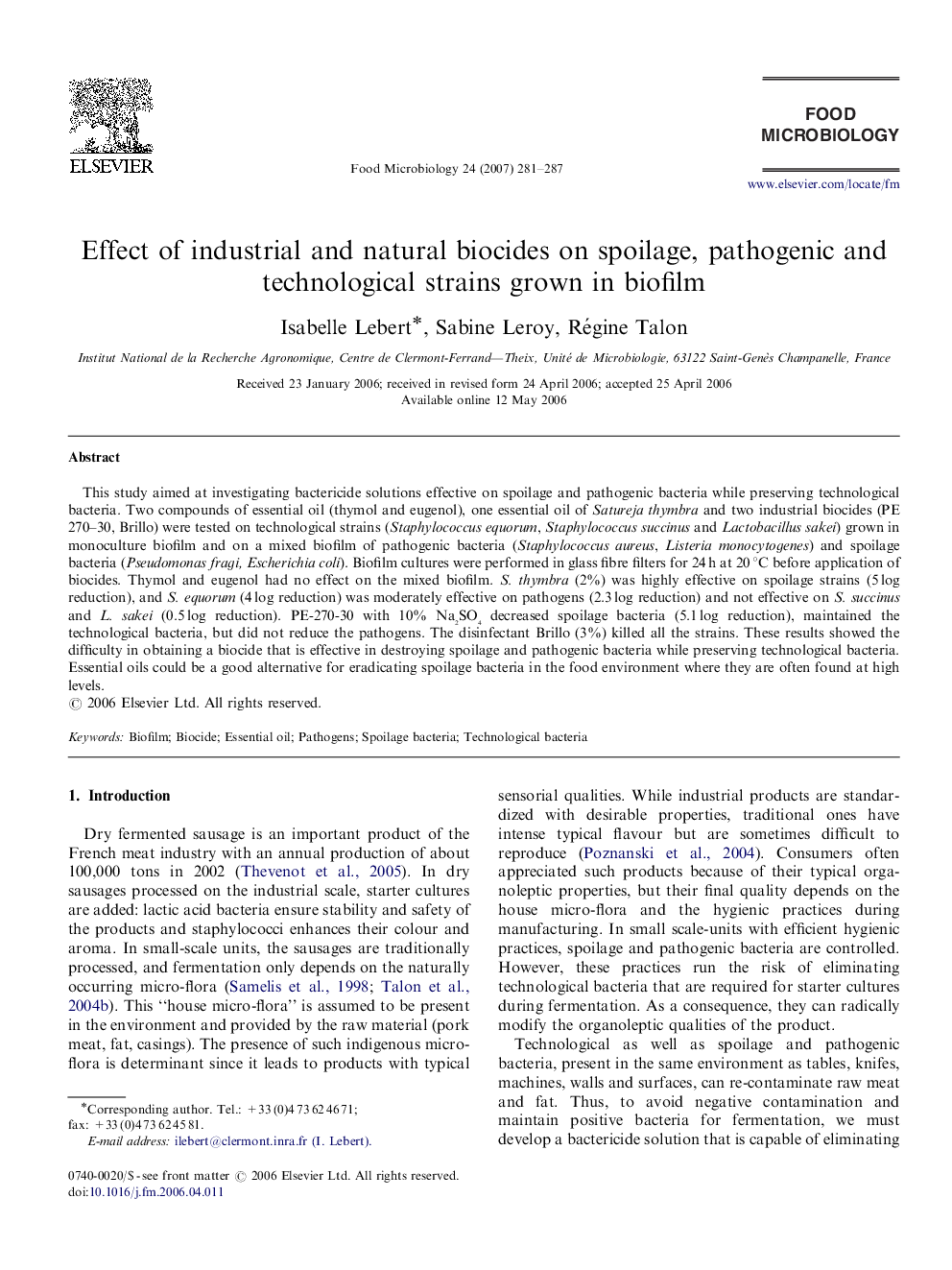 Effect of industrial and natural biocides on spoilage, pathogenic and technological strains grown in biofilm