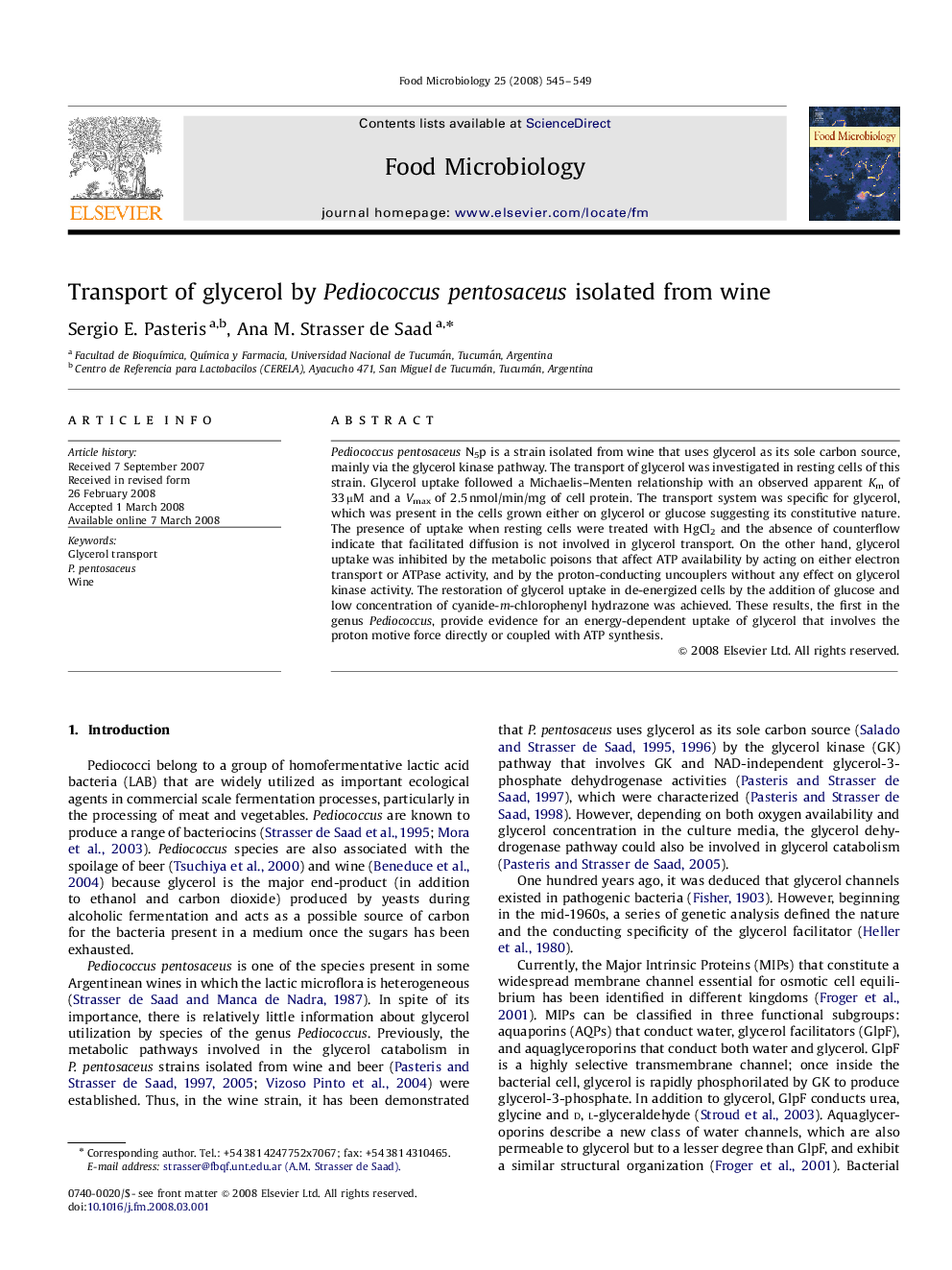 Transport of glycerol by Pediococcus pentosaceus isolated from wine