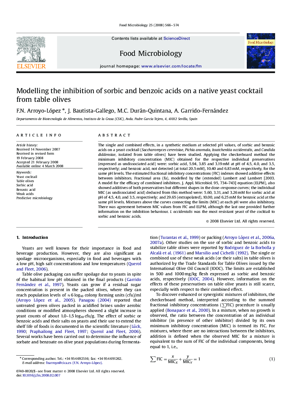 Modelling the inhibition of sorbic and benzoic acids on a native yeast cocktail from table olives