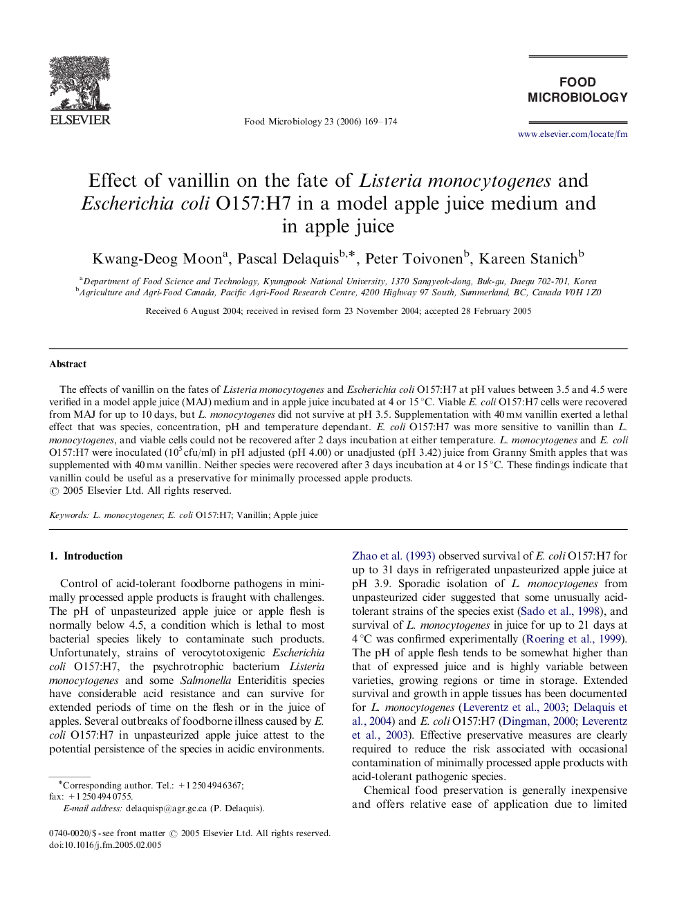 Effect of vanillin on the fate of Listeria monocytogenes and Escherichia coli O157:H7 in a model apple juice medium and in apple juice