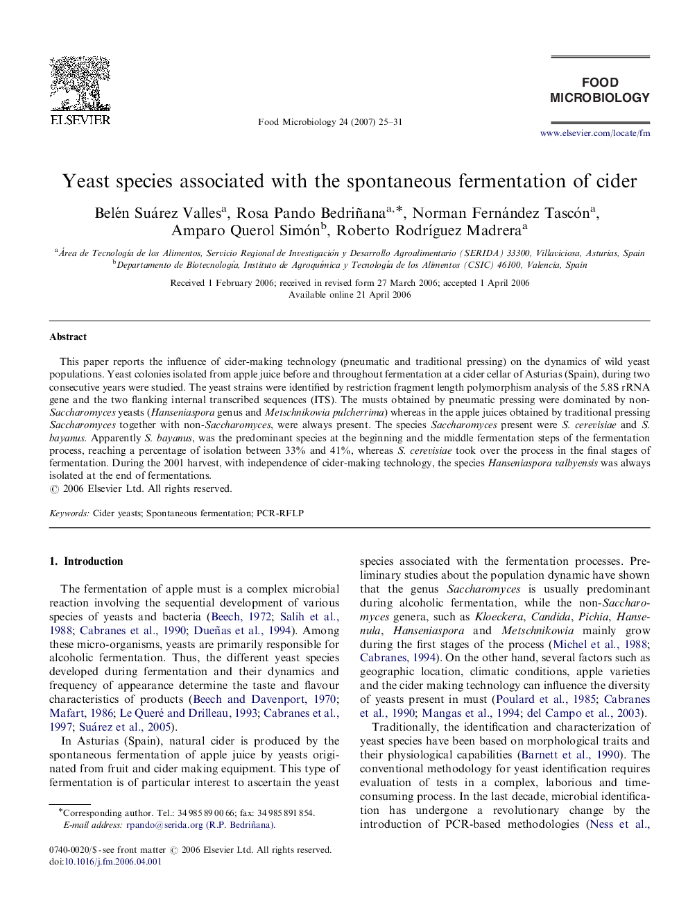 Yeast species associated with the spontaneous fermentation of cider