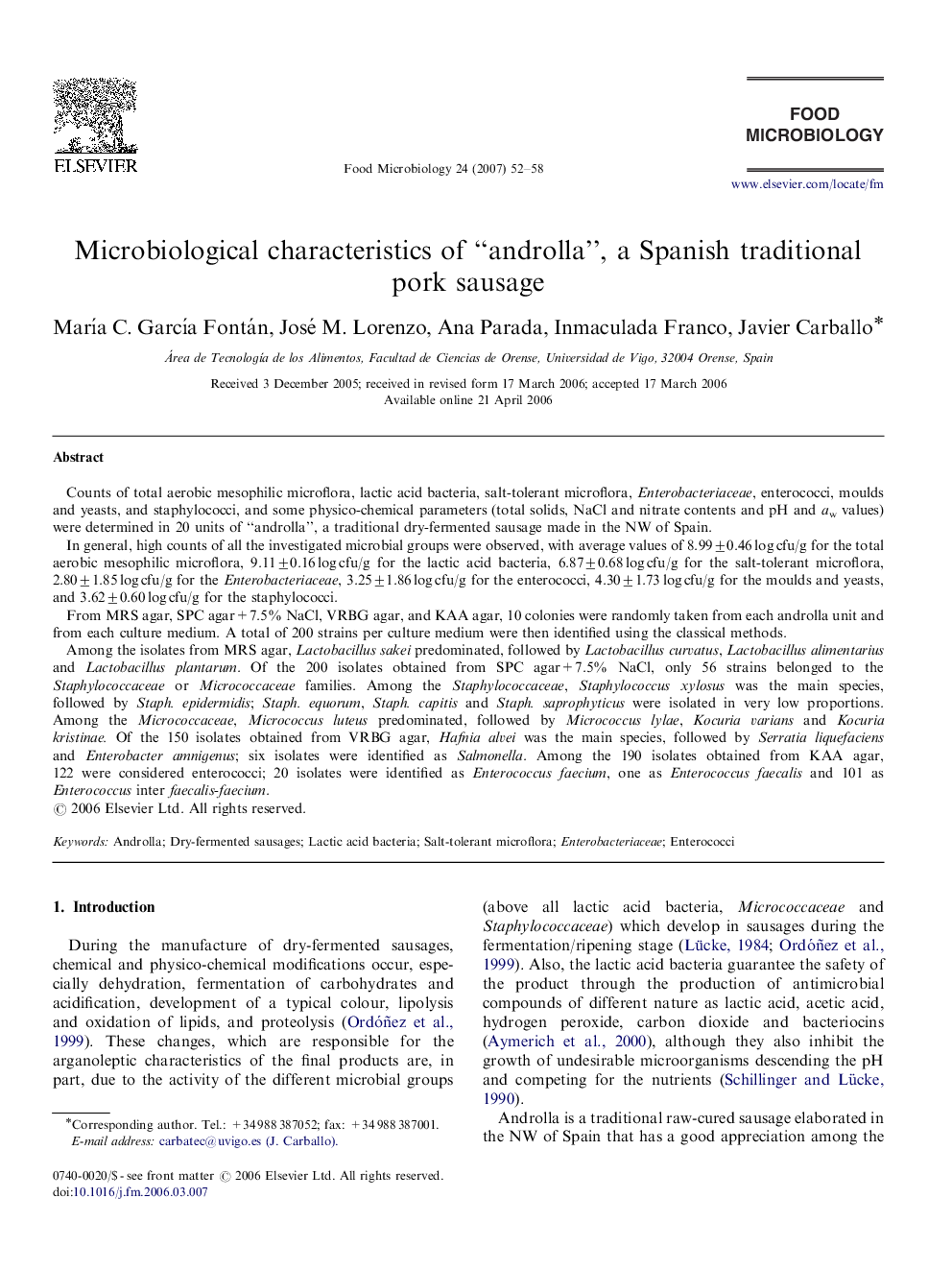 Microbiological characteristics of “androlla”, a Spanish traditional pork sausage