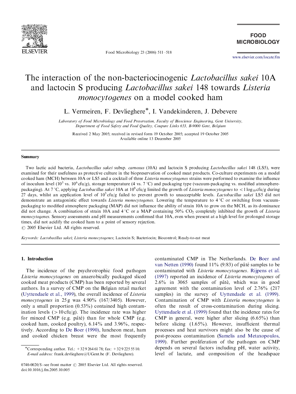 The interaction of the non-bacteriocinogenic Lactobacillus sakei 10A and lactocin S producing Lactobacillus sakei 148 towards Listeria monocytogenes on a model cooked ham