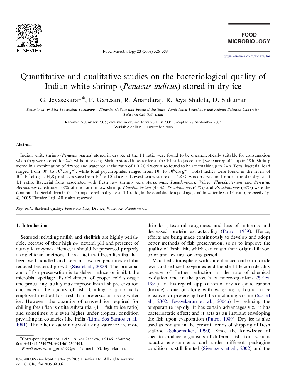 Quantitative and qualitative studies on the bacteriological quality of Indian white shrimp (Penaeus indicus) stored in dry ice