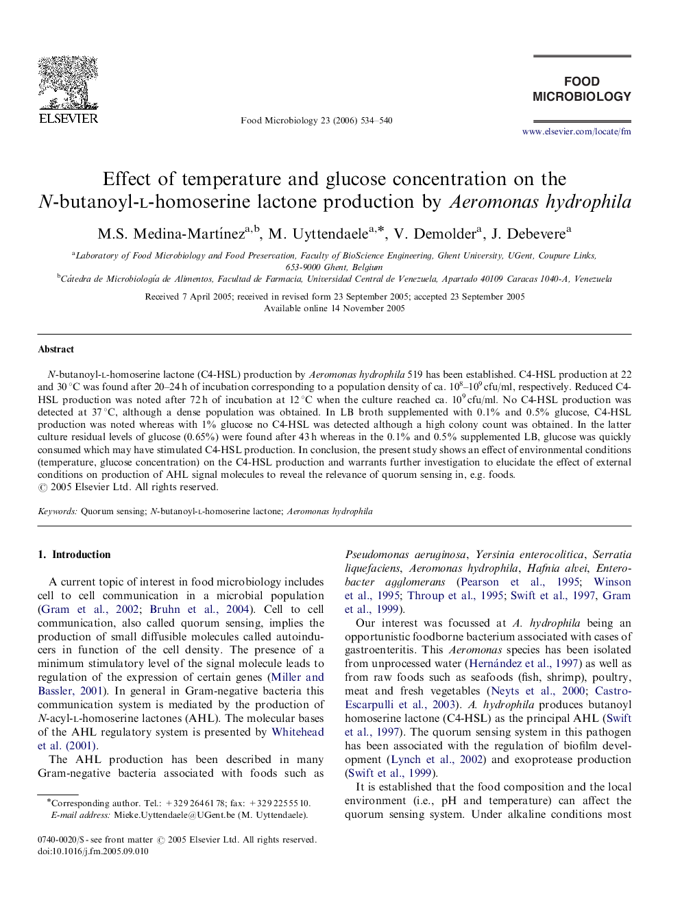 Effect of temperature and glucose concentration on the N-butanoyl-l-homoserine lactone production by Aeromonas hydrophila