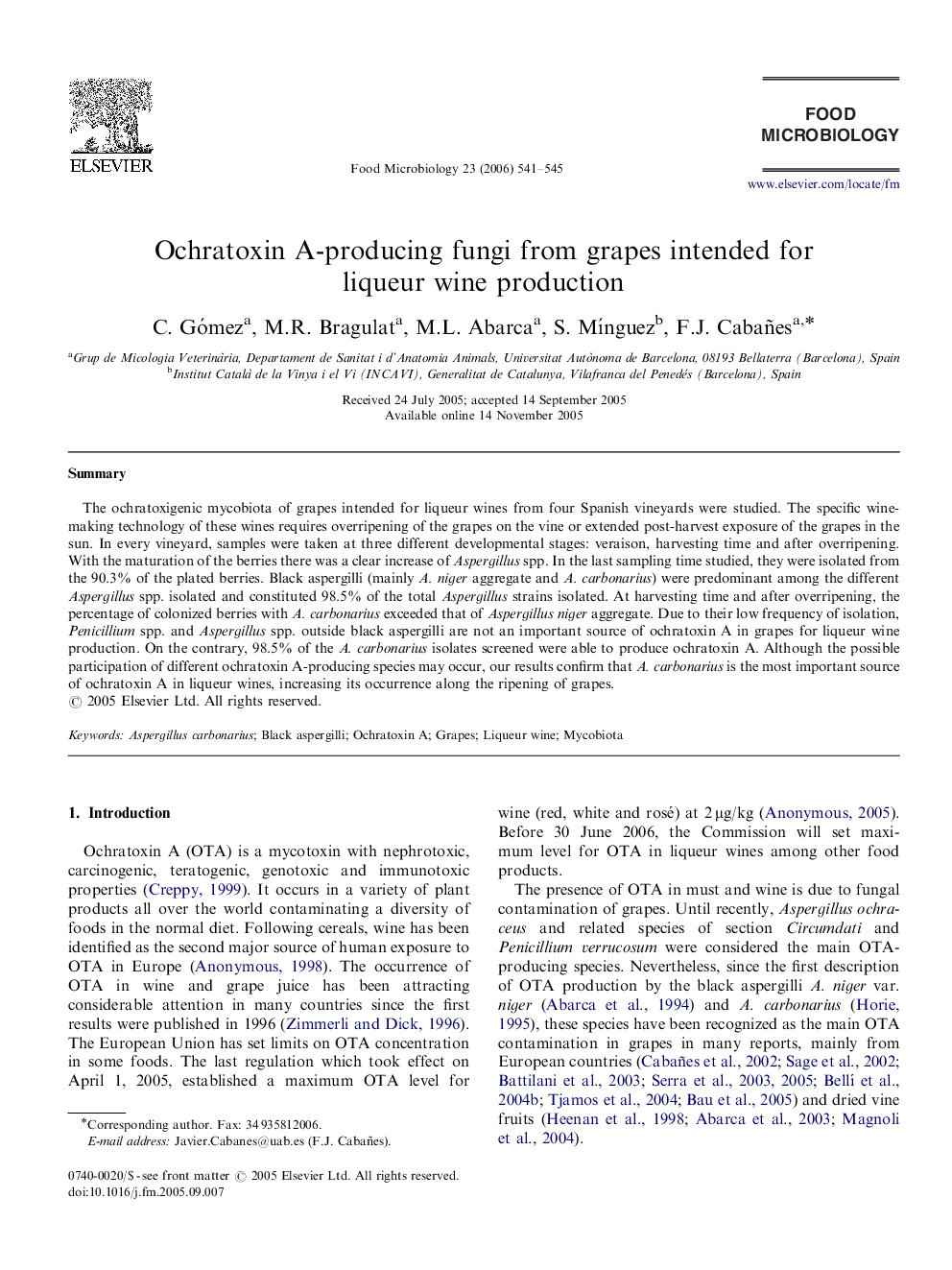 Ochratoxin A-producing fungi from grapes intended for liqueur wine production