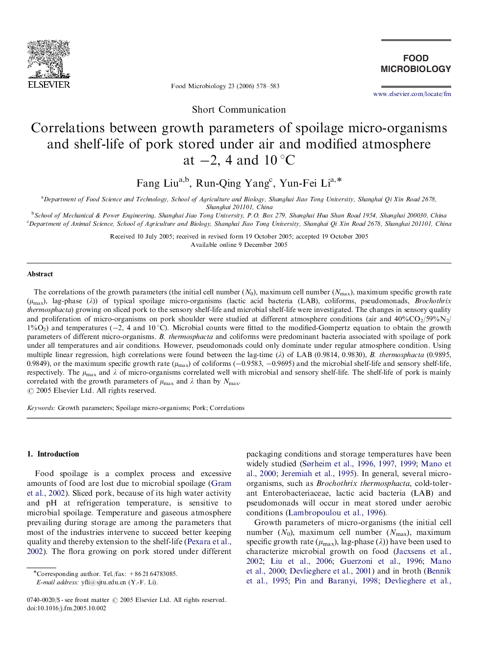 Correlations between growth parameters of spoilage micro-organisms and shelf-life of pork stored under air and modified atmosphere at −2, 4 and 10 °C