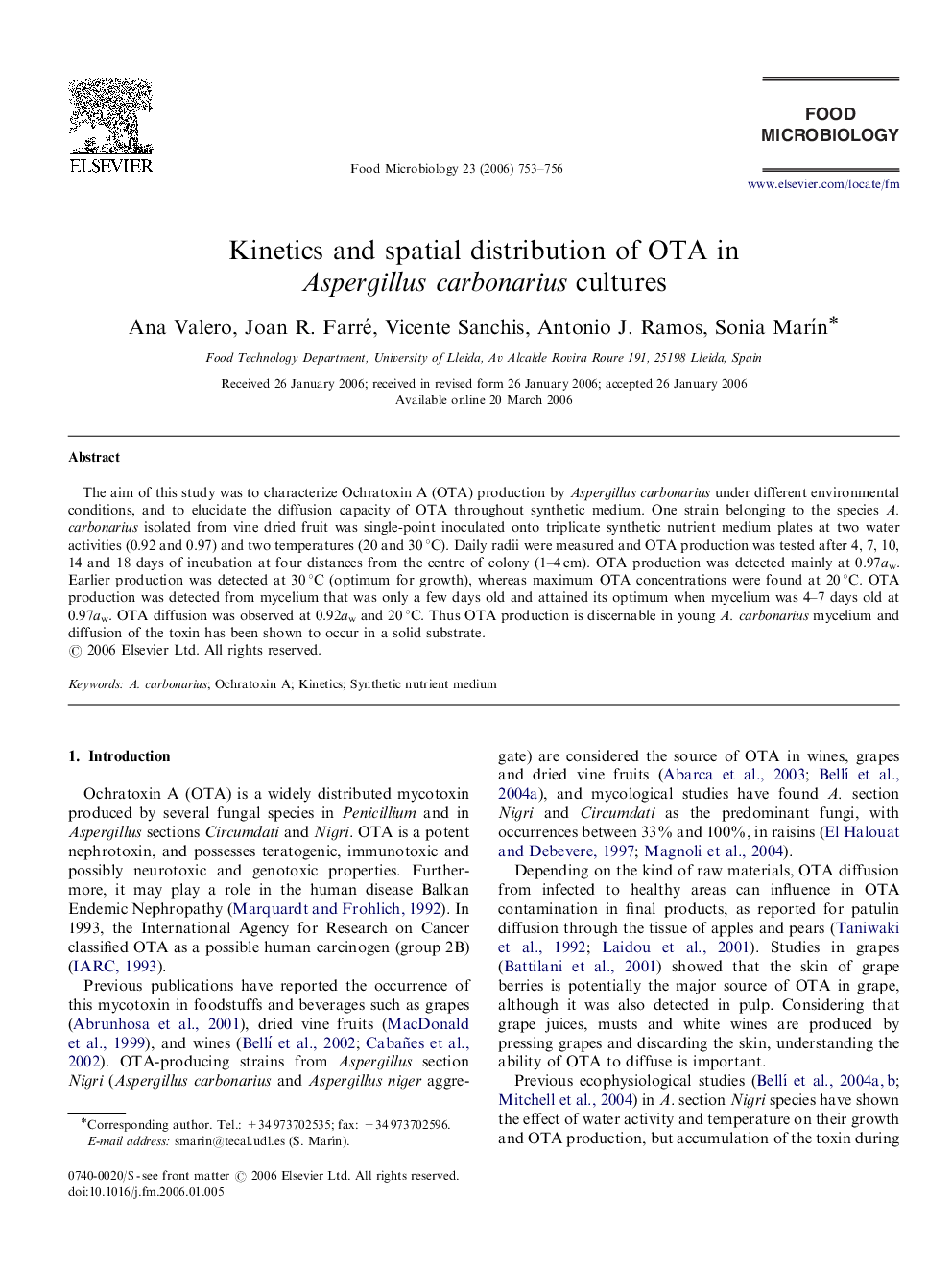 Kinetics and spatial distribution of OTA in Aspergillus carbonarius cultures