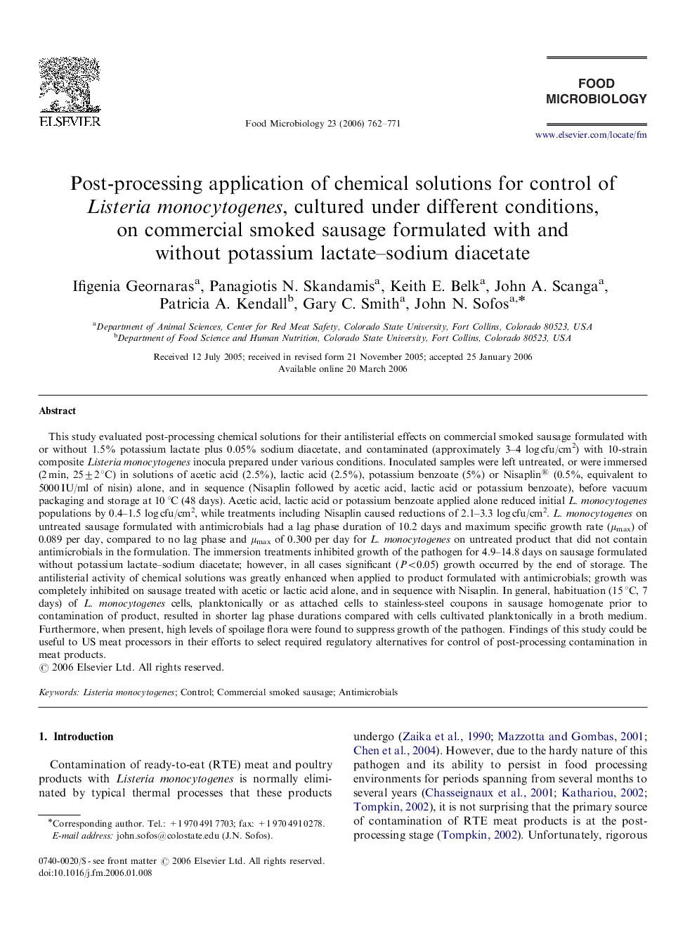 Post-processing application of chemical solutions for control of Listeria monocytogenes, cultured under different conditions, on commercial smoked sausage formulated with and without potassium lactate–sodium diacetate