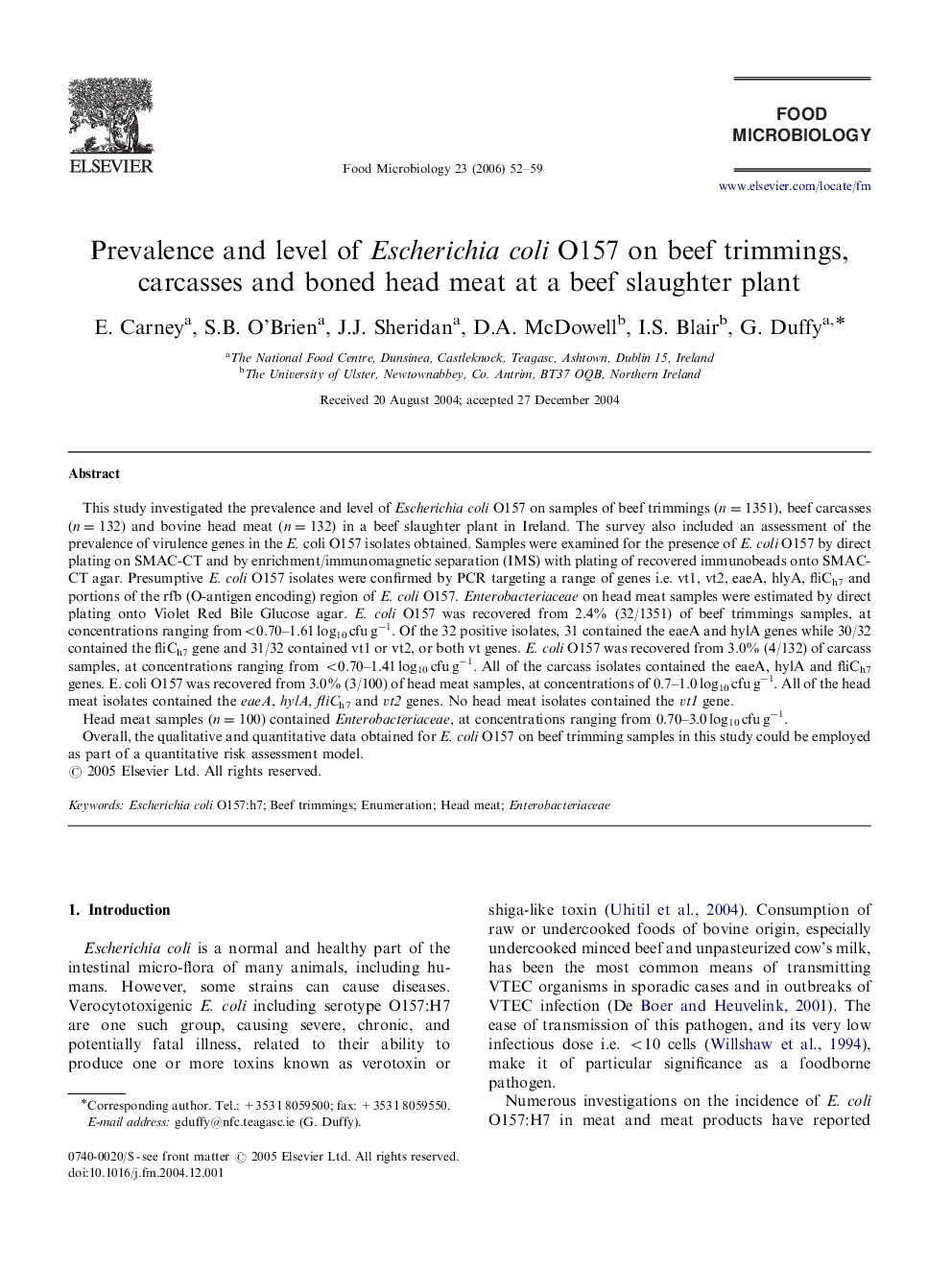 Prevalence and level of Escherichia coli O157 on beef trimmings, carcasses and boned head meat at a beef slaughter plant