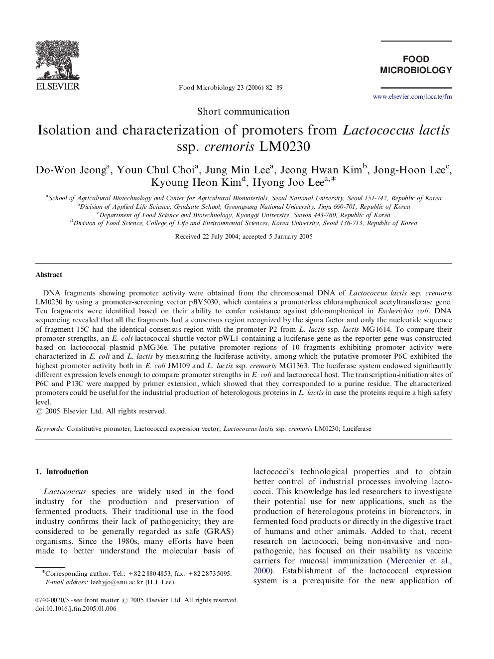 Isolation and characterization of promoters from Lactococcus lactis ssp. cremoris LM0230