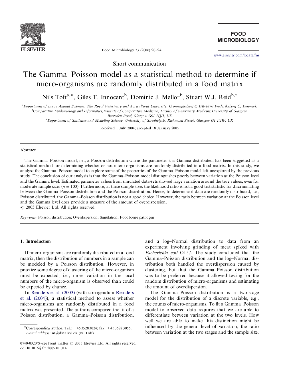 The Gamma–Poisson model as a statistical method to determine if micro-organisms are randomly distributed in a food matrix