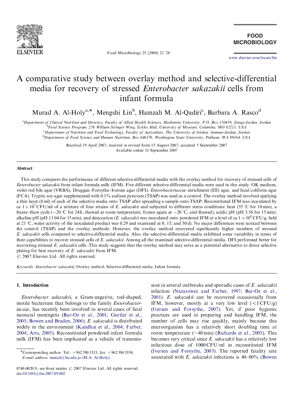 A comparative study between overlay method and selective-differential media for recovery of stressed Enterobacter sakazakii cells from infant formula