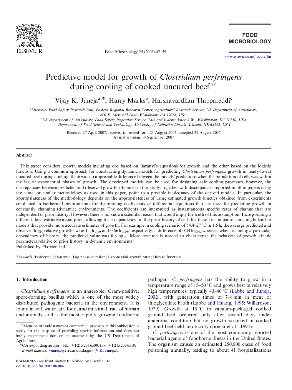 Predictive model for growth of Clostridium perfringens during cooling of cooked uncured beef 