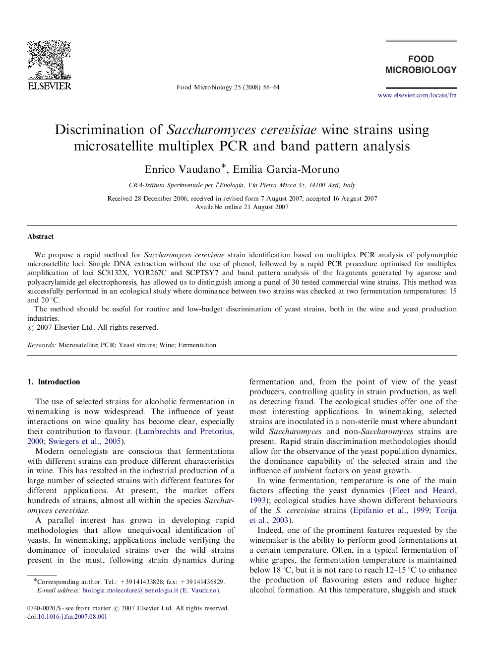 Discrimination of Saccharomyces cerevisiae wine strains using microsatellite multiplex PCR and band pattern analysis