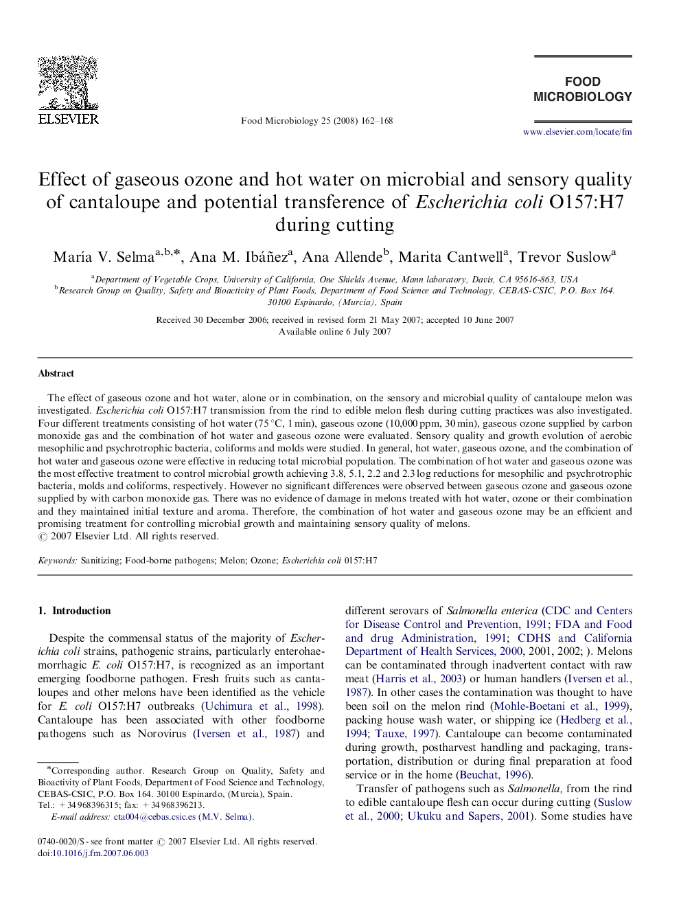 Effect of gaseous ozone and hot water on microbial and sensory quality of cantaloupe and potential transference of Escherichia coli O157:H7 during cutting