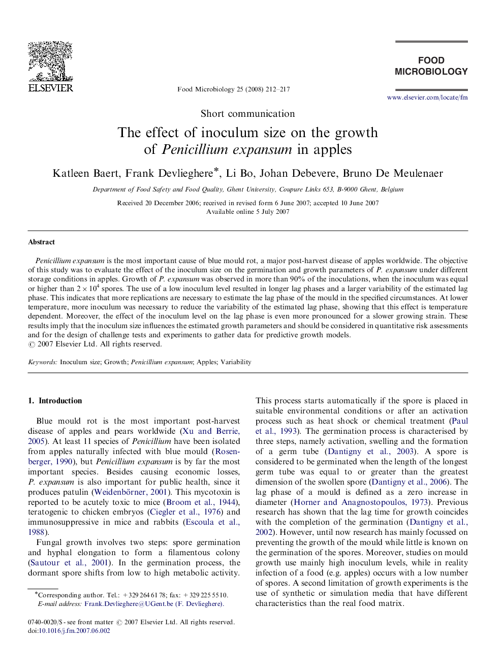 The effect of inoculum size on the growth of Penicillium expansum in apples