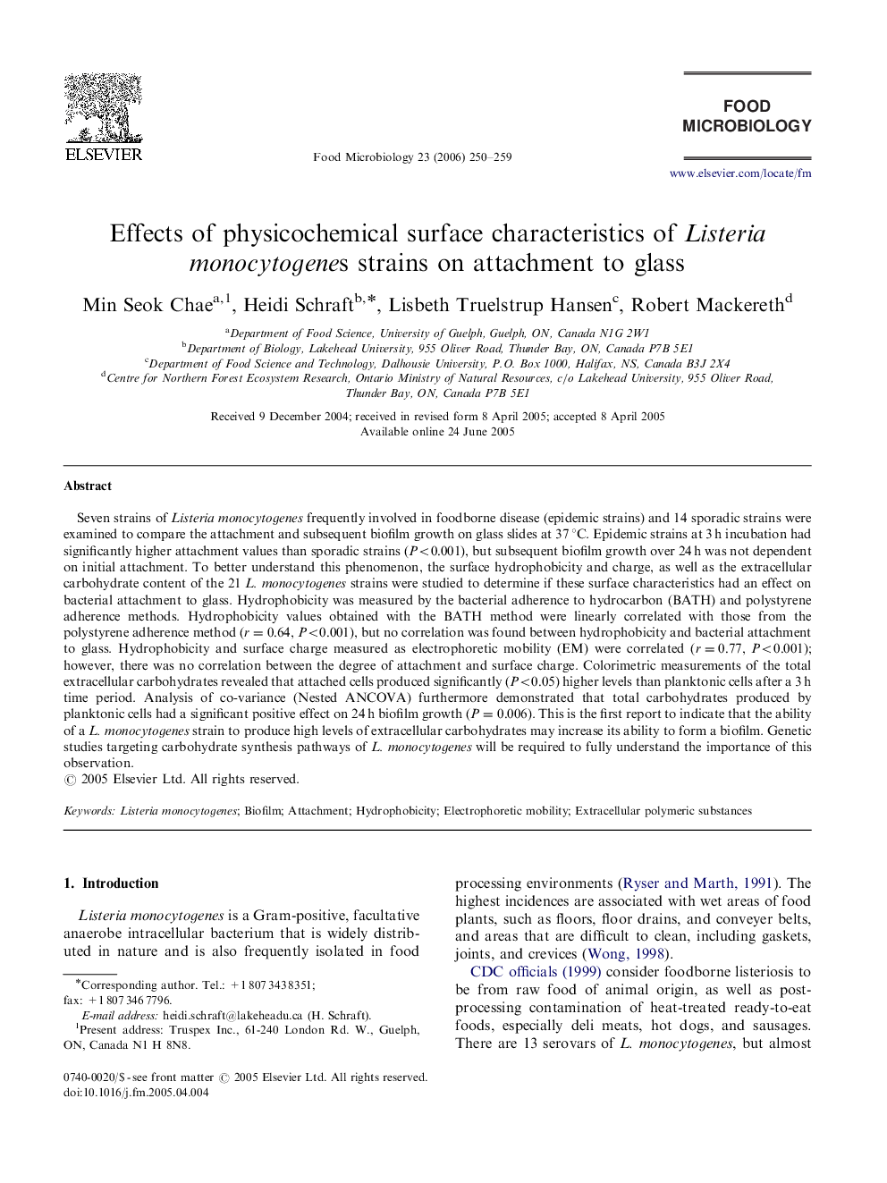 Effects of physicochemical surface characteristics of Listeria monocytogenes strains on attachment to glass