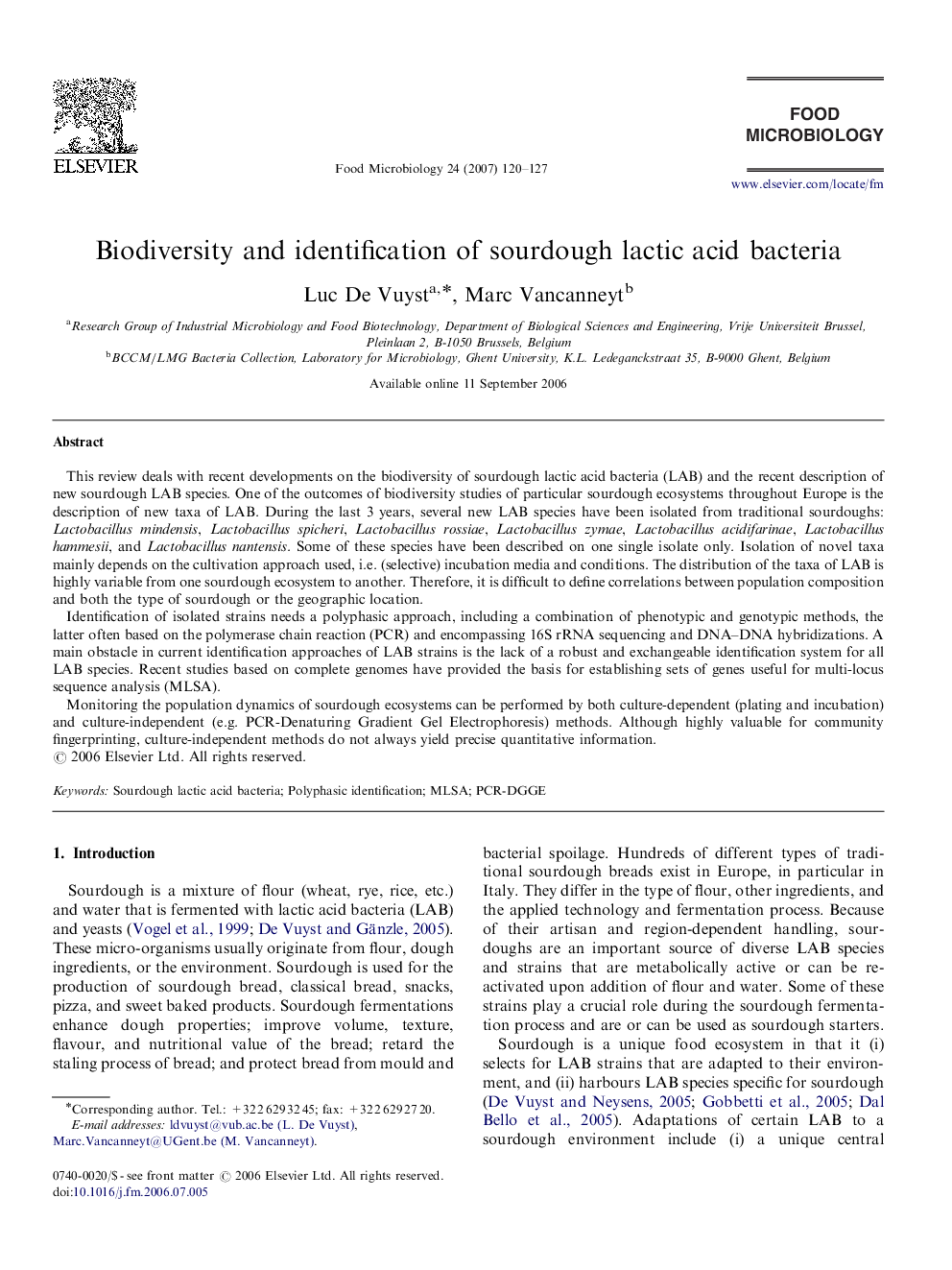 Biodiversity and identification of sourdough lactic acid bacteria