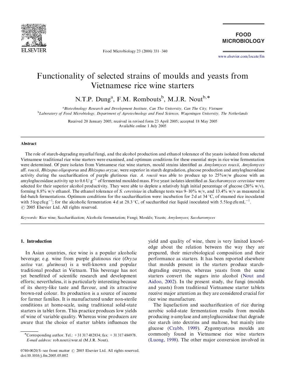 Functionality of selected strains of moulds and yeasts from Vietnamese rice wine starters