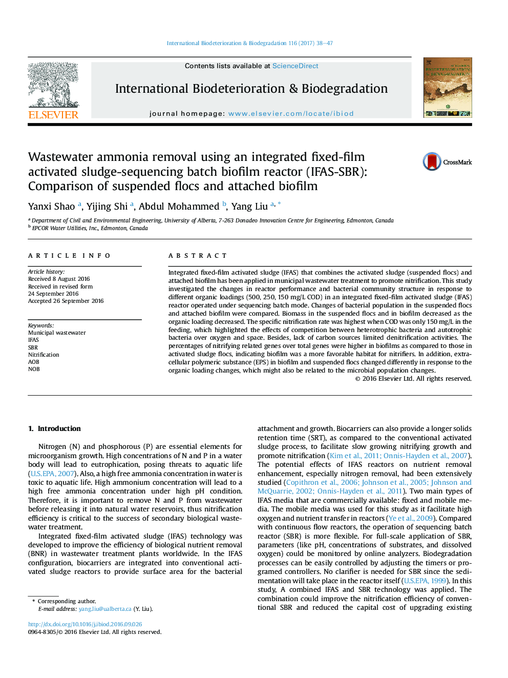 حذف آمونیاک فاضلاب با استفاده از یکپارچه ثابت فیلم لجن فعال-ناپیوسته متوالی بیوفیلم راکتور (IFAS-SBR): مقایسه لخته معلق و بیوفیلم متصل