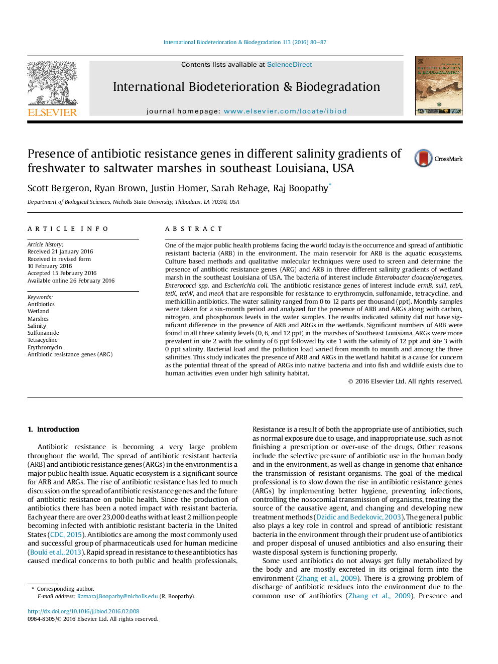 Presence of antibiotic resistance genes in different salinity gradients of freshwater to saltwater marshes in southeast Louisiana, USA