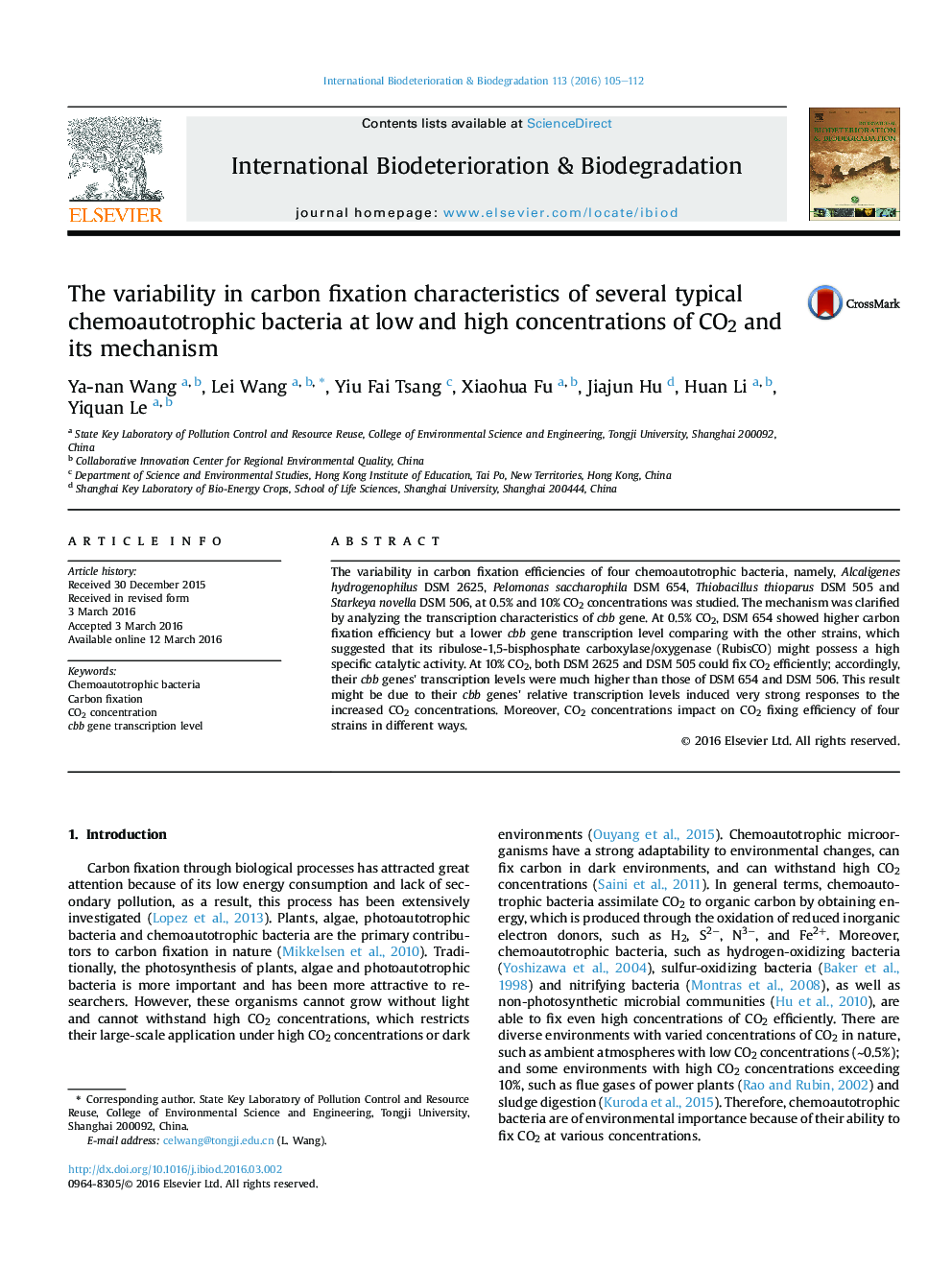 The variability in carbon fixation characteristics of several typical chemoautotrophic bacteria at low and high concentrations of CO2 and its mechanism