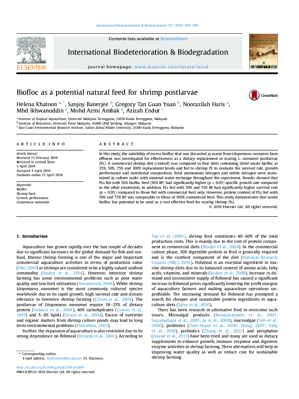 Biofloc as a potential natural feed for shrimp postlarvae