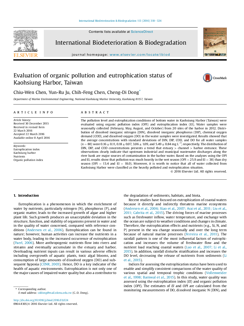 Evaluation of organic pollution and eutrophication status of Kaohsiung Harbor, Taiwan