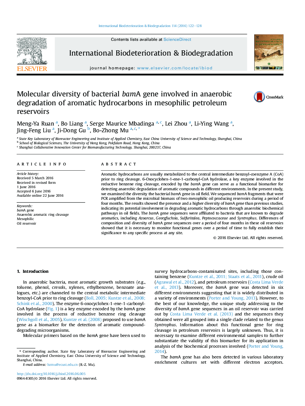 Molecular diversity of bacterial bamA gene involved in anaerobic degradation of aromatic hydrocarbons in mesophilic petroleum reservoirs