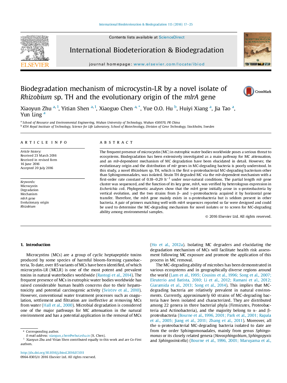 Biodegradation mechanism of microcystin-LR by a novel isolate of Rhizobium sp. TH and the evolutionary origin of the mlrA gene