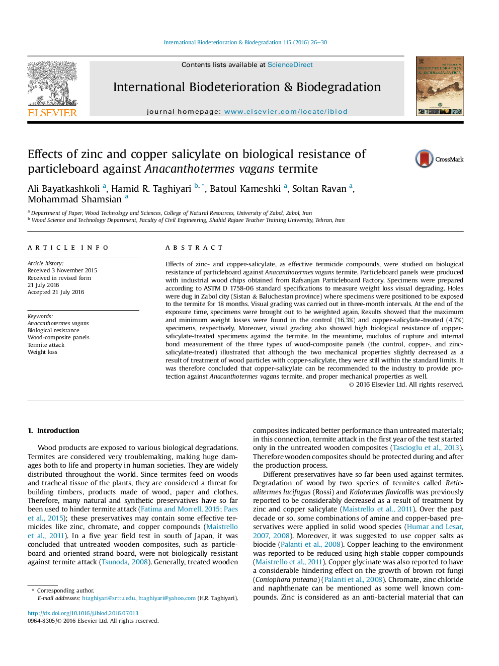 Effects of zinc and copper salicylate on biological resistance of particleboard against Anacanthotermes vagans termite