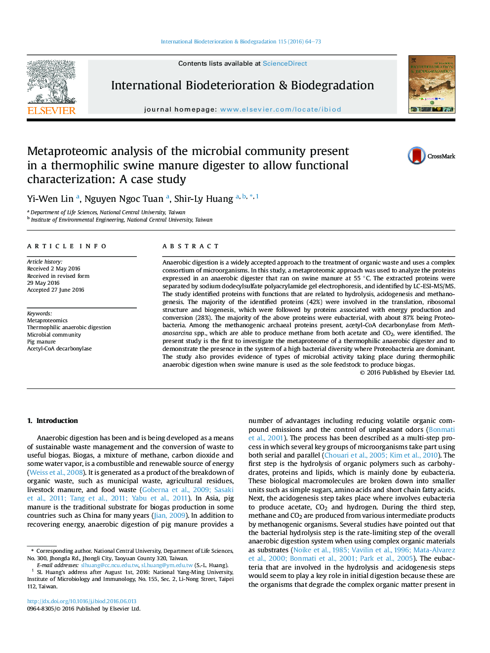 Metaproteomic analysis of the microbial community present in a thermophilic swine manure digester to allow functional characterization: A case study