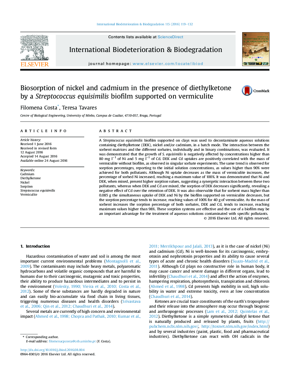 Biosorption of nickel and cadmium in the presence of diethylketone by a Streptococcus equisimilis biofilm supported on vermiculite