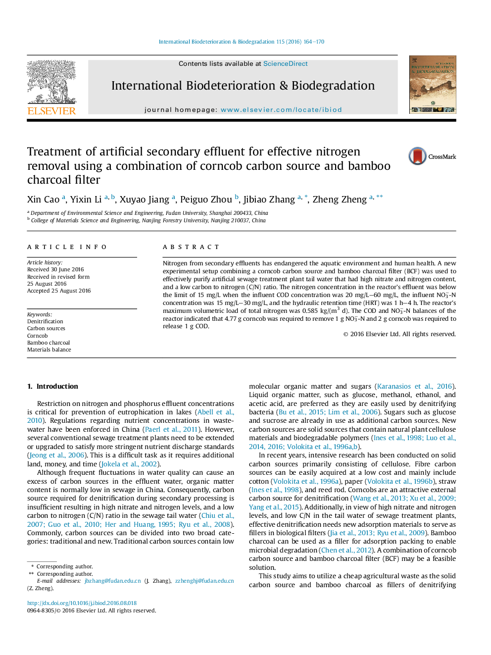 Treatment of artificial secondary effluent for effective nitrogen removal using a combination of corncob carbon source and bamboo charcoal filter