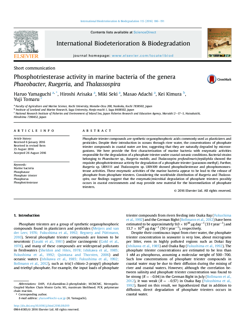 Phosphotriesterase activity in marine bacteria of the genera Phaeobacter, Ruegeria, and Thalassospira