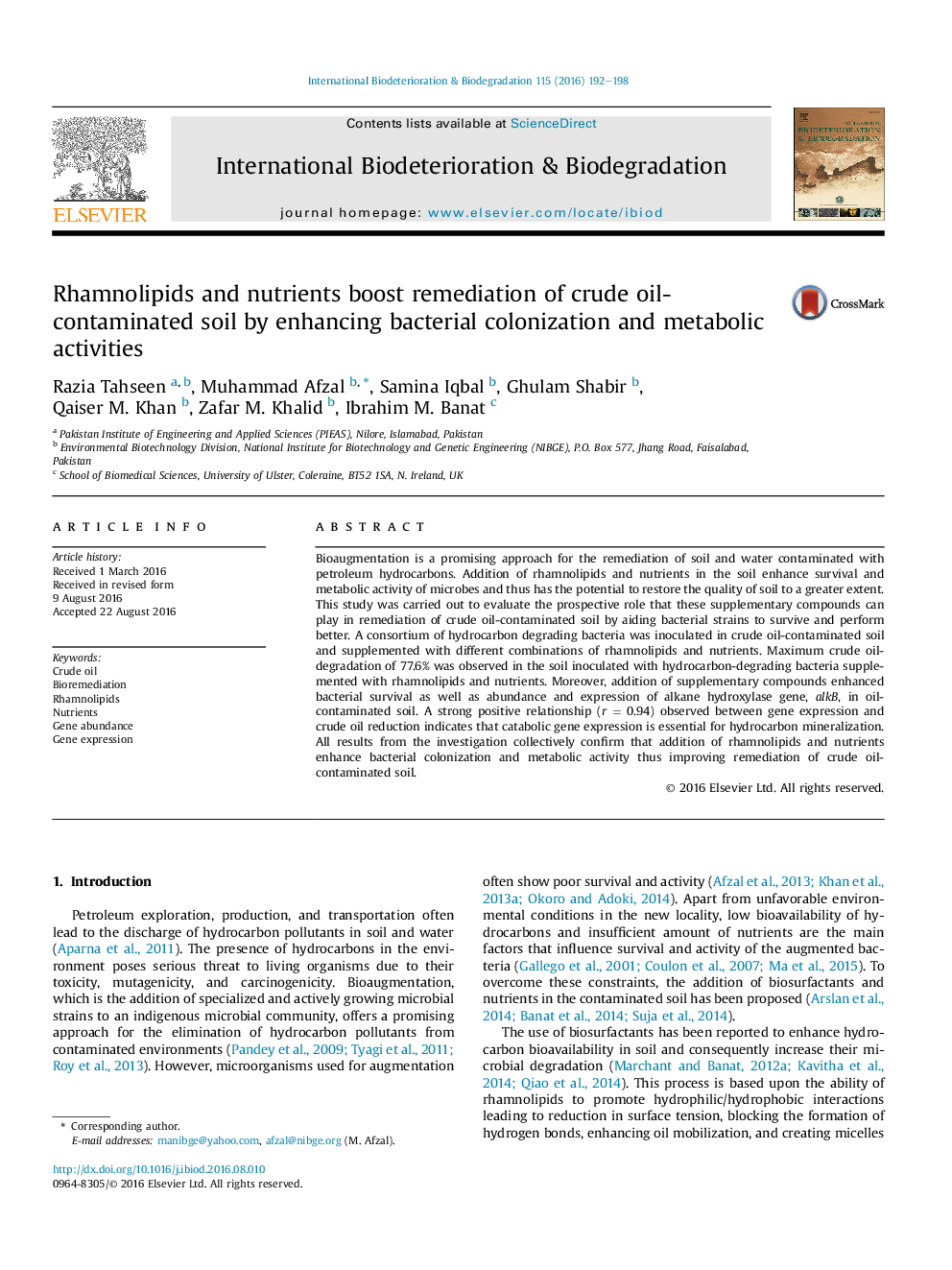 Rhamnolipids and nutrients boost remediation of crude oil-contaminated soil by enhancing bacterial colonization and metabolic activities