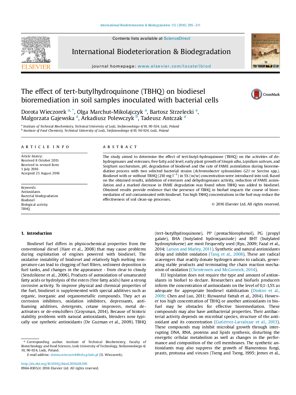 The effect of tert-butylhydroquinone (TBHQ) on biodiesel bioremediation in soil samples inoculated with bacterial cells