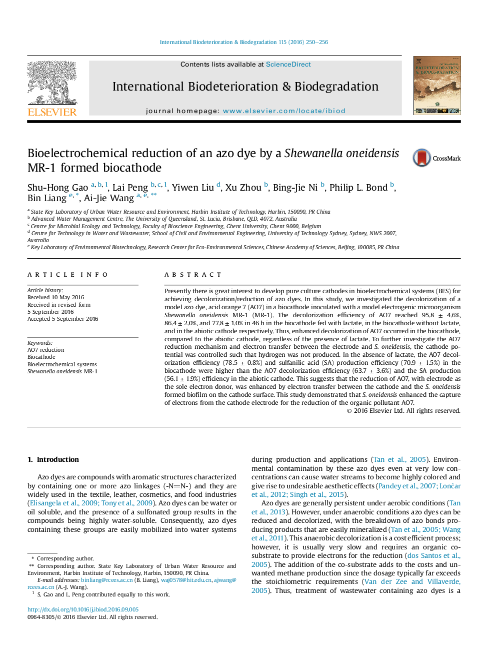 Bioelectrochemical reduction of an azo dye by a Shewanella oneidensis MR-1 formed biocathode