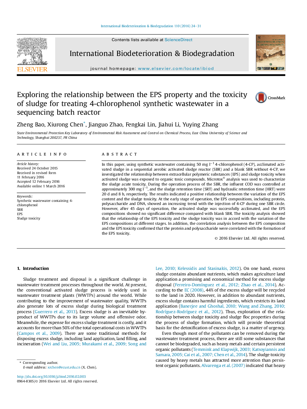 Exploring the relationship between the EPS property and the toxicity of sludge for treating 4-chlorophenol synthetic wastewater in a sequencing batch reactor