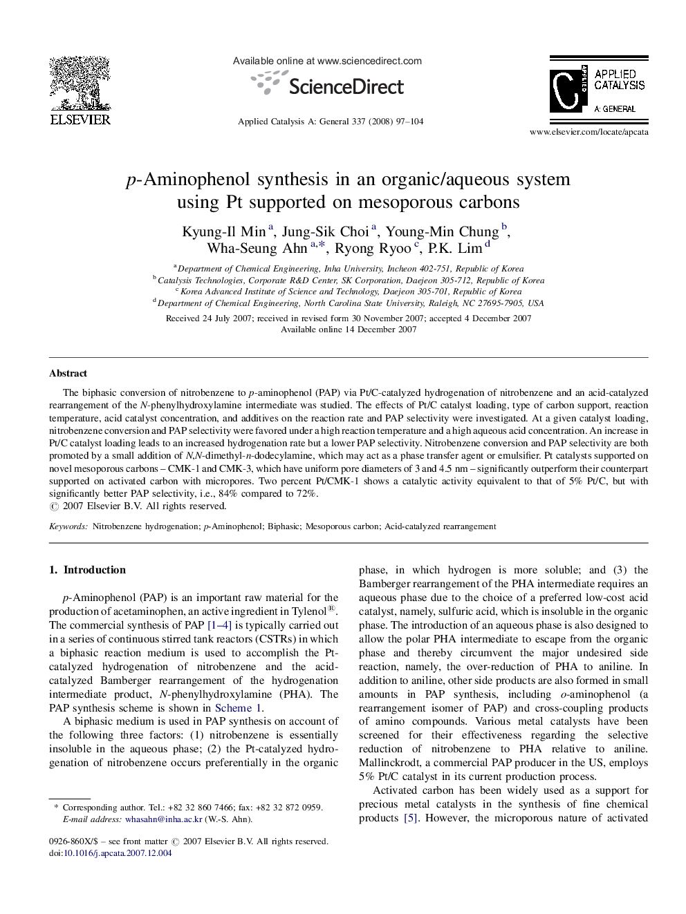 عکس صفحه اول مقاله: p-Aminophenol synthesis in an organic/aqueous system using Pt supported on mesoporous carbons p-Aminophenol synthesis in an organic/aqueous system using Pt supported on mesoporous carbons